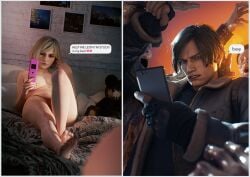 1boy 1girls 3d ashley_graham ashley_graham_(ella_freya) blonde_hair brown_hair casual cellphone electronics female flirting fugtrup highres human leon_scott_kennedy leon_scott_kennedy_(eduard_badaluta) male meme nude nude_female pale_skin phone pussy resident_evil resident_evil_4 resident_evil_4_remake sexting smartphone text