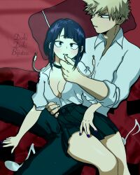 1boy 1girls bob_cut cleavage doki_doki_bijutsu female holding_chin katsuki_bakugou kyoka_jiro male musical_note my_hero_academia nail_polish on_lap purple_hair purple_nails red_eyes school_uniform sensual sitting_on_lap straight u.a._school_uniform