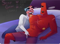 1boy 1girls countryhumans countryhumans_girl female female_focus licking_breast looking_at_another male male/female open_mouth red_body soviet_union_(countryhumans) sunglasses_on_head tomboy treshik united_states_of_america_(countryhumans) white_skin