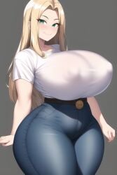 1girls ai_generated areolae areolae_visible_through_clothing ass bedroom_eyes big_ass big_breasts big_butt blonde_hair breasts breasts_bigger_than_head busty butt clothed clothes clothing female female_only front_view fully_clothed gakapin green_eyes grin hips huge_ass huge_breasts huge_butt human human_only hyper_breasts jeans large_ass large_breasts large_butt long_hair looking_at_viewer milf nipple_bulge nipples nipples_visible_through_clothing novelai original original_artwork original_character simple_background small_waist smile smug smug_face solo solo_female stretched_clothing t-shirt taller_girl thick thick_ass thick_thighs thighs tight_clothing voluptuous voluptuous_female wide_hips