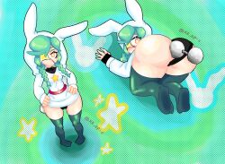 anal annie_(skullgirls) ass bunny_girl bunnysuit female green_hair heart-shaped_pupils hoodie one_eye_covered sex_toy skullgirls thighhighs thighs twin_braids xz_epic yellow_eyes