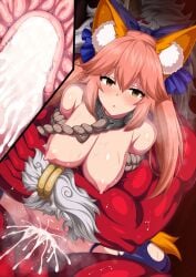 1boy after_rape after_sex animal_ear_fluff animal_ears arms_behind_back bangs blue_bow blue_legwear blush bondage bound bow breasts broken_rape_victim censored collar collarbone cowgirl_position cum cum_in_pussy cum_in_uterus cum_inside empty_eyes fate/extra fate_(series) female fox_ears fox_girl fox_tail hair_between_eyes hairbow highres horns horosuke_(toot08) large_breasts long_hair looking_at_viewer metal_collar monster mosaic_censoring muscle nipples oni open_mouth penis pink_hair pussy red_skin rope sex sidelocks single_horn spread_legs straight sweat tail tamamo_no_mae_(fate) thighhighs torn_clothes torn_legwear twintails vaginal_penetration yellow_eyes