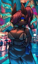 anthro anthro_only backround black_cat blue_lipstick bright casual_clothes cat_girl choker city clothes furry in_heat_(game) monster_girl nile_(in_heat) rissandaho tight tight_pants tight_topwear waistband