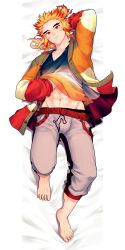 1boy absurdres barefoot closed_mouth clothes_lift dakimakura_(medium) demon_slayer feet forked_eyebrows grey_pants highres jacket kimetsu_no_yaiba long_hair long_sleeves male_focus male_underwear mamimume_momo midriff multicolored_clothes multicolored_hair multicolored_jacket multicolored_shirt navel orange_hair pants red_hair rengoku_kyoujurou shirt shirt_lift smile solo solo_male stomach sweatpants t-shirt toes two-tone_hair underwear