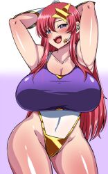 1girls arms_behind_head big_breasts breasts female gundam gundam_seed gundam_seed_destiny long_hair meer_campbell one-piece_swimsuit pink_hair thick_hips thick_thighs