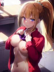 ai_generated belly_button blonde_hair blue_eyes blush blushing blushing_at_viewer bowtie breasts_exposed breasts_out cardigan classroom_of_the_elite curvy curvy_body curvy_female curvy_figure curvy_hips karuizawa_kei looking_at_viewer nipples red_cardigan school school_desk school_girl school_uniform schoolgirl schoolgirl_uniform shirt shirt_lift shirt_pull shirt_up slim slim_waist uniform youkoso_jitsuryoku_shijou_shugi_no_kyoushitsu_e