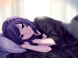 1girls bed bedroom black_cape black_cloak breasts cape cape_only cloak cloak_only fault_milestone female in_bed light-skinned_female light_skin looking_at_viewer naked_cape naked_cloak pov pov_eye_contact purple_eyes purple_hair ritona_reighnvhasta smile smiling smiling_at_viewer solo tenamaru wholesome