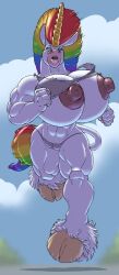 1girls gideon huge_breasts huge_thighs hyper hyper_bimbo hyper_breasts muscular muscular_female rainbow_hair rainbow_tail running see-through_clothing solo unicorn