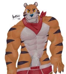 abs anthro balls bandana biceps blue_nose clothed clothing digital_media_(artwork) felid frosted_flakes fur genitals hi_res hittoga kellogg's kerchief looking_at_viewer male male_only mammal mascot muscular muscular_anthro muscular_male pantherine partially_clothed pecs penis red_clothing red_underwear simple_background solo stripes tiger tony_the_tiger underwear undressing white_background