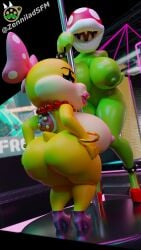 2girls 3d 3d_(artwork) anthro big_ass big_breasts bimbo female female_only huge_ass huge_breasts mario_(series) naked nintendo nude piranha_plant shortstack strip_club stripper stripper_pole wendy_o._koopa wyerframez zenniladsfm