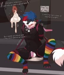 absurd_res anthro anus blush bodily_fluids bropix canid canine canis chastity_cage chastity_device clothing collar cum cum_drip cum_in_ass cum_inside genital_fluids hi_res hybrid latex leash leash_and_collar legwear male mammal panting public solo stockings text tongue wolfdog yuniwolfsky