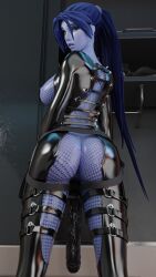 1girls 3d ass blue_hair blue_skin breasts female fishnets large_breasts latex mr._k overwatch strap-on widowmaker