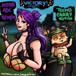 1boy 1girls background big_ass big_breasts big_butt big_penis censored clothed k/da_kai'sa k/da_series kai'sa kill/death/assist league_of_legends lipstick mapachips nail_polish peace_sign purple_lipstick purple_nails teemo v yordle