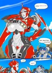 1boy 1girls big_breasts breasts bumblebee_movie comic crotch_plate dropkick_(transformers) female hi_res large_breasts mad-project no_nipples red_eyes robot robot_girl shatter shatter_(transformers) text_bubble thick_thighs transformers underboob wide_hips