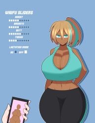 ass_expansion attribute_slider blonde_hair breast_expansion carol_(carro3dsculpts) cyan_eyes dark_skin duskyer huge_breasts imminent_growth ponytail slider sports_bra thick_thighs