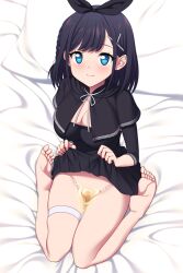 barefoot bed_sheet black_dress black_hair black_ribbon blue_eyes blush braid breasts capelet censored cleavage closed_mouth clothes_lift commentary dress dress_lift female fugetsu_taku hair_ornament hair_ribbon huge_breasts lifted_by_self looking_at_viewer medium_hair mosaic_censoring neck_ribbon no_panties on_bed original peeing peeing_self pleated_dress pussy ribbon sidelocks sitting smile soles solo swept_bangs thigh_strap urine urine_on_legs wakamezake wariza white_ribbon x_hair_ornament