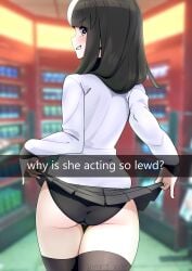 ass black_hair black_legwear dat_ass haru_tanaka horny lifted_by_self light-skinned_female looking_at_viewer original_character public public_exposure showing_ass showing_panties skirt skirt_lift smug smug_face thick_thighs thighhighs two_tone_hair whyass_ware