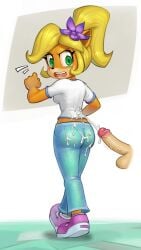 2023 accessory activision angry anthro ass bandicoot blonde_hair bodily_fluids coco_bandicoot crash_(series) cum cum_on_butt cum_on_shirt disembodied_penis ejaculation female flower flower_in_hair fur genital_fluids genitals green_eyes hair hair_accessory hi_res humanoid_genitalia humanoid_penis male male/female mammal mario-grant marsupial orange_body orange_fur penis plant ponytail questionable_consent solo walking