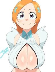 1girls aetherion_art belly belly_button big_breasts bleach bleach:_the_thousand-year_blood_war boob_window breasts cleavage crop_top dress female female_only front_view hair_ornament huge_breasts inoue_orihime long_hair orange_hair overflowing_breasts presenting_breasts smile solo