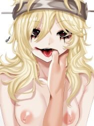 1boy 1girls areolae blonde_hair breasts finger_in_mouth galatea_claude identity_v light-skinned_female light-skinned_male light_skin nartless nipples open_mouth red_eyes sculptor small_breasts tongue