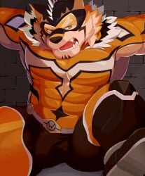 abs absurd_res angry anthro bound bulge captured clothed clothing detailed_bulge eyebrows felid fur genital_outline hi_res lifewonders live_a_hero male mammal muscular muscular_anthro muscular_male orange_body orange_fur orangetaming pantherine pecs penis_outline ryekie_(live_a_hero) solo striped_body striped_fur stripes thick_eyebrows tiger