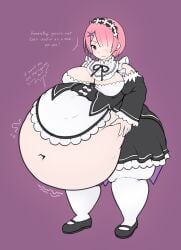 1boy 1girls bbw belly belly_bulge big_belly big_belly_bulge breasts cakehoarder detailed_bulge english english_text exposed_belly female_pred hair_over_eye holding_belly maid maid_headdress maid_uniform male_prey pink_hair ram_(re:zero) re:zero_kara_hajimeru_isekai_seikatsu red_eyes serious soft_vore ssbbw text unamused unwilling_prey vore vore_belly willing_pred