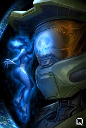 1boy 1girls ass big_breasts blue_eyes breasts cortana cortana_v2 female female_focus halo_(game) halo_(series) john-117 large_ass master_chief medium_hair quirkiliciouss round_ass spartan_(halo) thick_thighs thighs