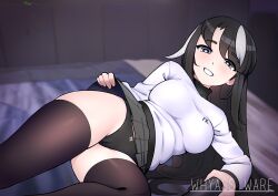 black_hair black_legwear breasts haru_tanaka lifted_by_self long_hair looking_at_viewer original_character pose showing_panties skirt_lift smile thighhighs thighs two_tone_hair whyass_ware