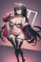 1girls ai_generated azur_lane bikini black_bikini black_hair breasts cleavage female huge_breasts jackets light-skinned_female light_skin long_hair long_legs navel red_eyes red_jacket stable_diffusion taihou_(azur_lane) taihou_(enraptured_companion)_(azur_lane) thighs