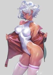 1girls artist_signature big_breasts closed_eyes dark-skinned_female dark_skin female female_only grey_background gundam gundam_suisei_no_majo hi_res leotard matsuda_(matsukichi) nipple_bulge secelia_dote silver_hair simple_background skindentation solo thigh_squish thighhighs undressing voluptuous white_hair white_leotard white_thighhighs