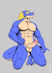 4_fingers anthro blonde_hair blue_body breasts claws digital_media_(artwork) dragon draslan erection fingers genitals green_eyes hair hi_res male muscular muscular_anthro muscular_male nude penis scalie simple_background solo tail