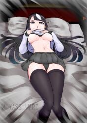 bed black_hair black_legwear female female_focus female_only haru_tanaka looking_at_viewer original_character showing_belly showing_panties skirt_lift two_tone_hair underboob whyass_ware