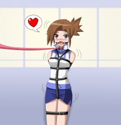 1girls 2d alyssa_(yu-gi-oh!_duel_links) blush bondage bondage_harness collar drooling female female_only femsub gagged griever3610 leash open_mouth open_mouth_gag shaking short_hair solo solo_female speech_bubble submissive_female yu-gi-oh! yu-gi-oh!_duel_links yu-gi-oh!_gx