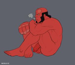 balls bara black_hair broken_horn cigarette dark_horse demon facial_hair flaccid hellboy hellboy_(series) horns machojuice male male_only muscles muscular nude penis red_body red_skin sitting solo solo_male tail