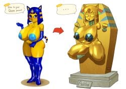 absurd_res animal_crossing ankha ankha_(animal_crossing) anthro areola armwear before_and_after big_areola big_breasts big_butt black_pubes blue_hair boots breasts butt chains clothing crabhorn domestic_cat elbow_gloves english_text felid feline felis female footwear fur genitals gloves gold_statue hair handwear hi_res high_heels huge_ass huge_breasts instant_loss_2koma legwear mammal mind_break mostly_nude_anthro mostly_nude_female nintendo nipple_chain nipple_clamp nipple_piercing nipple_ring nipples object_transformation objectification penis petrification piercing pubes pussy restrained ring_piercing sarcophagus solo text thick_thighs thigh_boots thigh_highs transformation wide_hips yellow_body yellow_fur