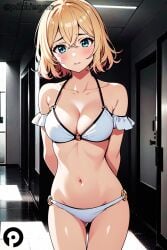 ai_generated bikini blonde_hair blue_eyes blush breasts cleavage gradient_hair kanojo_okarishimasu nanami_mami navel pikkiwynn short_hair stomach