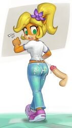 2023 absurd_res accessory activision anthro ass bandicoot blonde_hair bodily_fluids coco_bandicoot crash_(series) cum cum_on_butt cum_on_shirt disembodied_penis ejaculation female flower flower_in_hair fur genital_fluids genitals green_eyes hair hair_accessory hi_res humanoid_genitalia humanoid_penis male male/female mammal mario-grant marsupial orange_body orange_fur penis plant ponytail questionable_consent solo surprised_expression walking wide_eyed