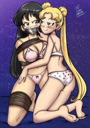 2girls arms_tied_behind_back barefoot bishoujo_senshi_sailor_moon black_hair blonde_hair blue_eyes blush bondage bound bound_and_gagged bound_arms bound_legs bra bra_and_panties breasts cleavage dakuroihoshi feet female female_only femdom femsub gag gagged kneeling large_breasts lingerie long_hair multiple_girls panties pink_bra pink_panties rei_hino restrained rope rope_bondage small_breasts smile soles tape tape_gag taped_mouth tied tied_up toes twintails usagi_tsukino very_long_hair yuri