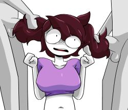 1girls 2boys alternate_version_at_source belly_button brown_hair concerned crop_top double_hairjob female_focus fist hair_harpoon hairjob jaiden jaiden_animations long_hair nude_male rattminded twintails used white_skin wide_eyed youtube youtuber