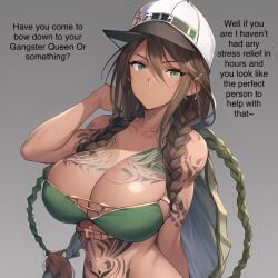 ai_generated dark-skinned_female different_hair_color different_hair_style gangster_momma's_(group) green_bra green_eyes hat shadobat42 stable_diffusion tattoos taylor_(gangster_momma_t)