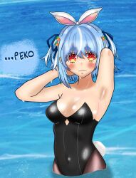 animal_ears armpit armpit_crease armpits arms_behind_head arms_up average_breasts bangs bathing beach blue_hair blush breasts bunny_ear bunny_ears bunny_girl bunny_tail bunnygirl bunnysuit carrot carrot_hair_ornament eddarxart english_text food_themed_hair_ornament hololive hololive_fantasy hololive_japan in_water looking_at_viewer navel navel_piercing ocean partially_submerged playboy_bunny pose rabbit_ears rabbit_girl rabbit_tail red_eyes sea sexy_armpits stomach submerged_legs tail text thick_eyebrows two_tone_hair usada_pekora virtual_youtuber vtuber white_hair