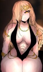 1girls abs big_breasts blonde_hair braid child_bearing_hips cleavage elden_ring enemyhips female female_only fromsoftware inner_sideboob queen_marika_the_eternal sitting thick_thighs wide_hips