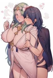 2girls age_difference alternate_costume bikini black_bikini black_cape black_swimsuit blue_hair blush breast_grab breasts byleth_(female)_(summer)_(fire_emblem) byleth_(fire_emblem) byleth_(fire_emblem)_(female) cape cleavage covered_nipples double_breast_grab female female_only fire_emblem fire_emblem:_three_houses fire_emblem_heroes flower grabbing green_hair groping hair_flower hair_ornament hand_under_clothes heart highres ikarin large_breasts multiple_girls nintendo official_alternate_costume older_female rhea_(fire_emblem) rhea_(summer)_(fire_emblem) swimsuit white_bikini white_cape white_swimsuit yuri