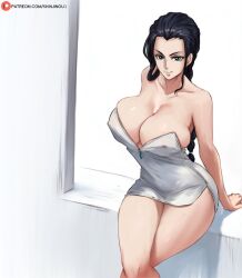 1girls blue_eyes breasts cutesexyrobutts_(style) dark_hair female female_only large_breasts long_hair nico_robin one_piece post-timeskip shinjinou solo thick_thighs white_background