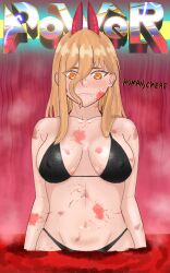 1girls big_breasts bikini black_bikini blonde_hair blood blood_stain chainsaw_man cleavage demon_horns dirty_blonde_hair eddarxart english_text erect_nipples_under_clothes eyebrows eyes_visible_through_hair fangs female female_focus female_only hair_between_eyes hair_over_shoulder horn horns light-skinned_female light_skin long_hair navel open_mouth pool_of_blood power_(chainsaw_man) red_bikini sharp_teeth shounen_jump solo solo_female talking_to_viewer text