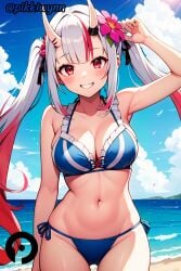 ai_generated beach bikini flower flower_in_hair hololive horns nakiri_ayame navel pikkiwynn pink_hair red_eyes smile stomach teeth virtual_youtuber vtuber white_hair