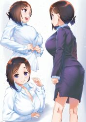 :d ass blue_eyes blush breasts cleavage dress_shirt female getsuyoubi_no_tawawa hair_ornament hairclip highres kouhai-chan_(tawawa) large_breasts long_sleeves looking_at_viewer looking_to_the_side mole mole_under_eye multiple_views nanase_meruchi office_lady open_mouth shirt short_hair skirt smile unbuttoned undressing vented_skirt white_shirt