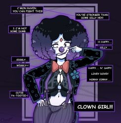 1girls alternate_breast_size clown clown_girl clown_makeup clown_nose clownification coupytf dc dc_comics english_text female female_only hair_growth huge_ass huge_breasts open_clothes raven_(dc) signature skin_color_change solo teen_titans text thick_thighs wide_hips