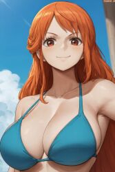 1girls ai_generated amiral_ai bikini breasts bust_portrait female female_only hi_res huge_breasts long_hair looking_at_viewer nami one_piece orange_eyes orange_hair outdoors post-timeskip smile very_long_hair