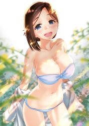 :d asymmetrical_hair bandeau bare_shoulders bikini braid breasts cleavage collarbone dress_shirt female flower getsuyoubi_no_tawawa highres kouhai-chan_(tawawa) large_breasts light_rays looking_at_viewer mole mole_under_eye nanase_meruchi navel open_mouth shadow shirt short_hair side_braid skindentation smile sunbeam sunlight swimsuit teeth thighs tongue white_bikini